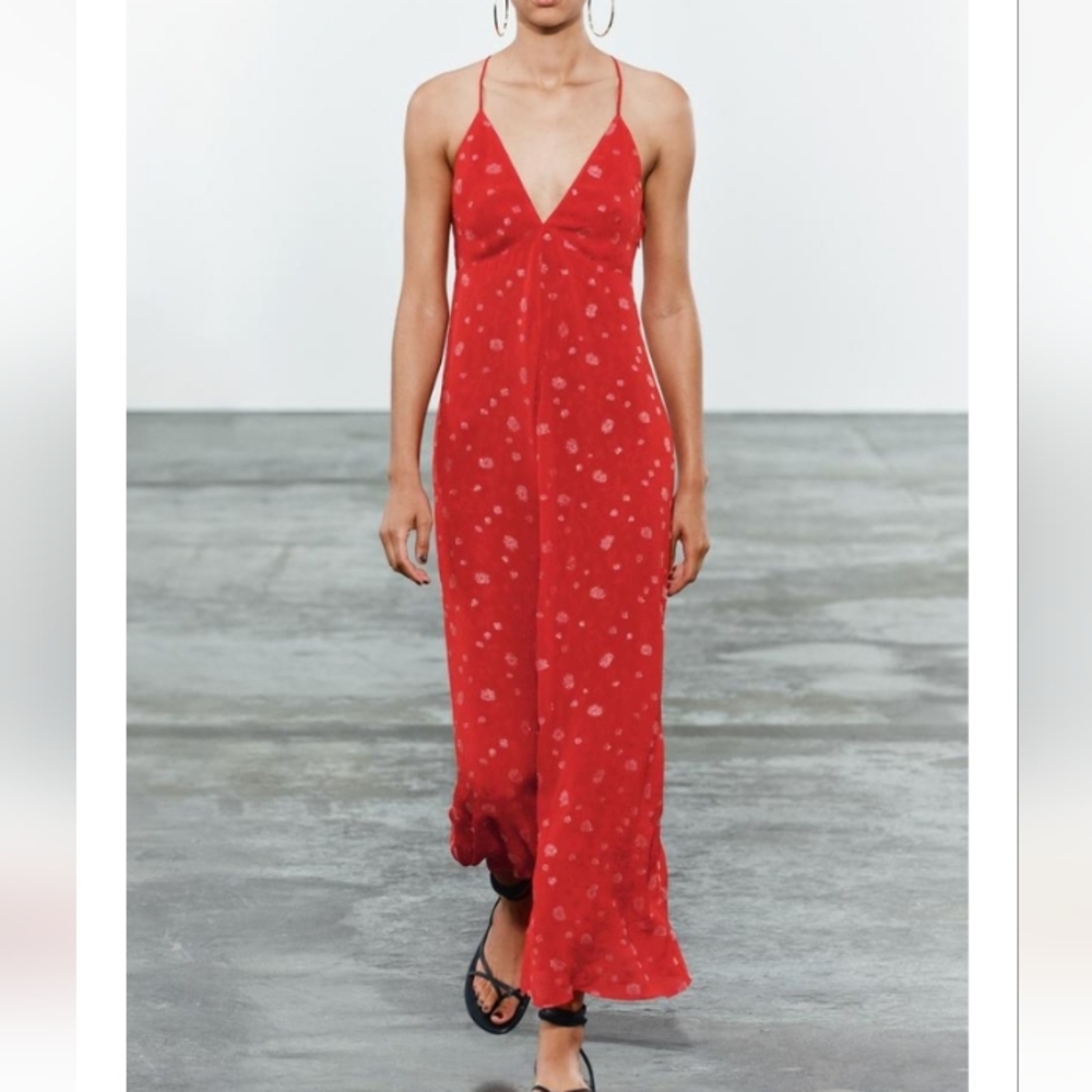 Zara Midi Strappy Red Maxi Dress With Metallic Fiber
